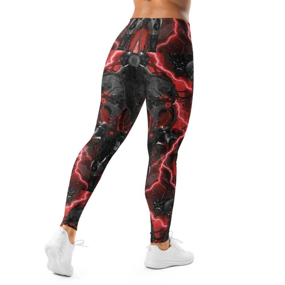 Personalisierte Damen Sportleggings Roboter Design Schwarz Rot Cyberpunk Fitnesshose Print Leggings B901