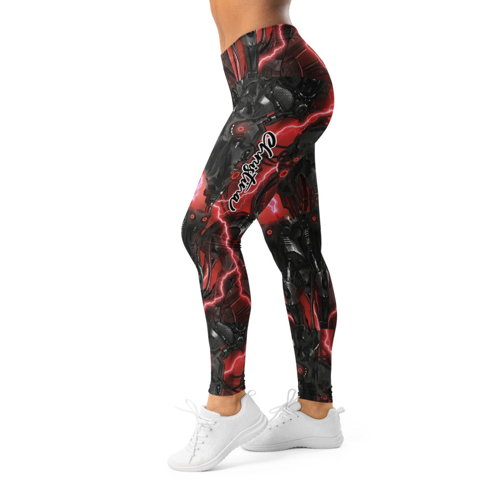 Personalisierte Damen Sportleggings Roboter Design Schwarz Rot Cyberpunk Fitnesshose Print Leggings B901