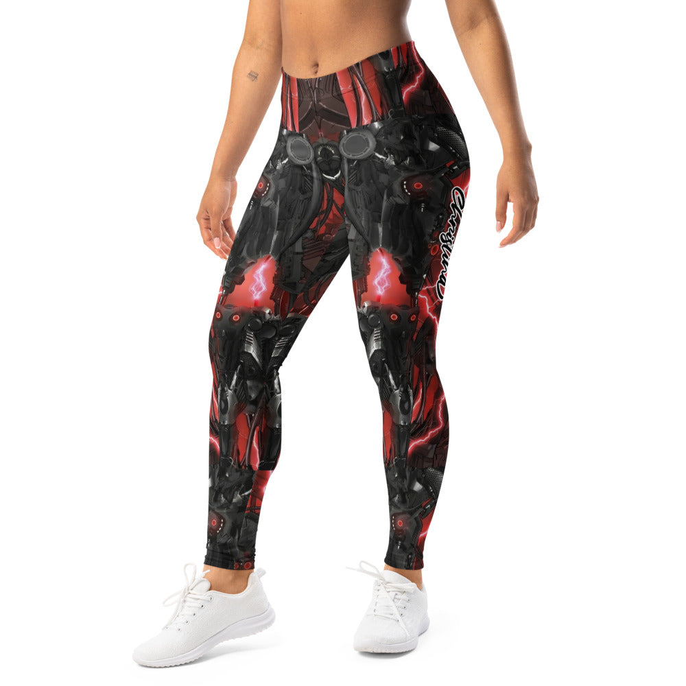 Personalisierte Damen Sportleggings Roboter Design Schwarz Rot Cyberpunk Fitnesshose Print Leggings B901