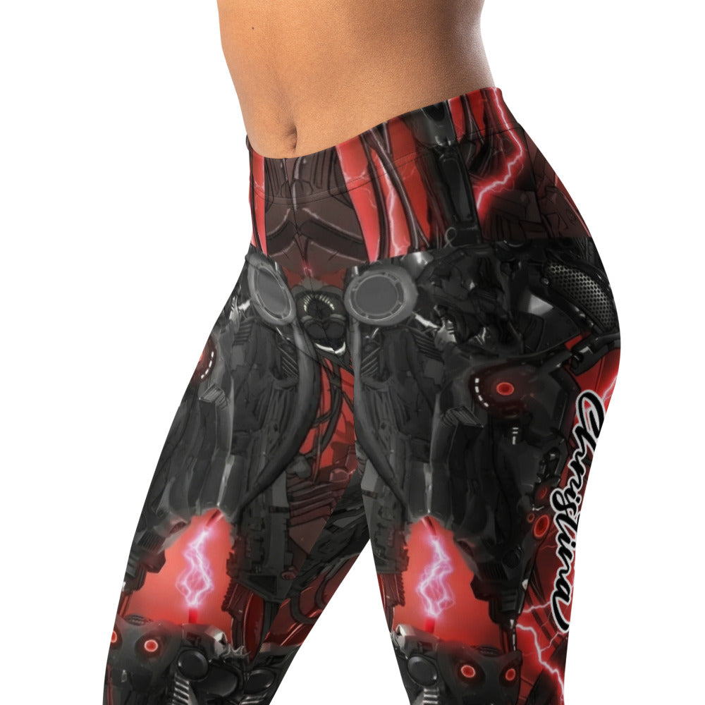 Personalisierte Damen Sportleggings Roboter Design Schwarz Rot Cyberpunk Fitnesshose Print Leggings B901