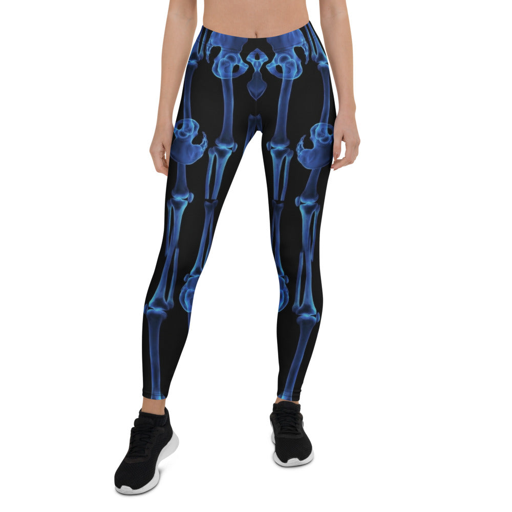 Personalisierte Damen Sportleggings Skelett Design Blau Schwarz Fitness Yoga Hose Knochen Print E006