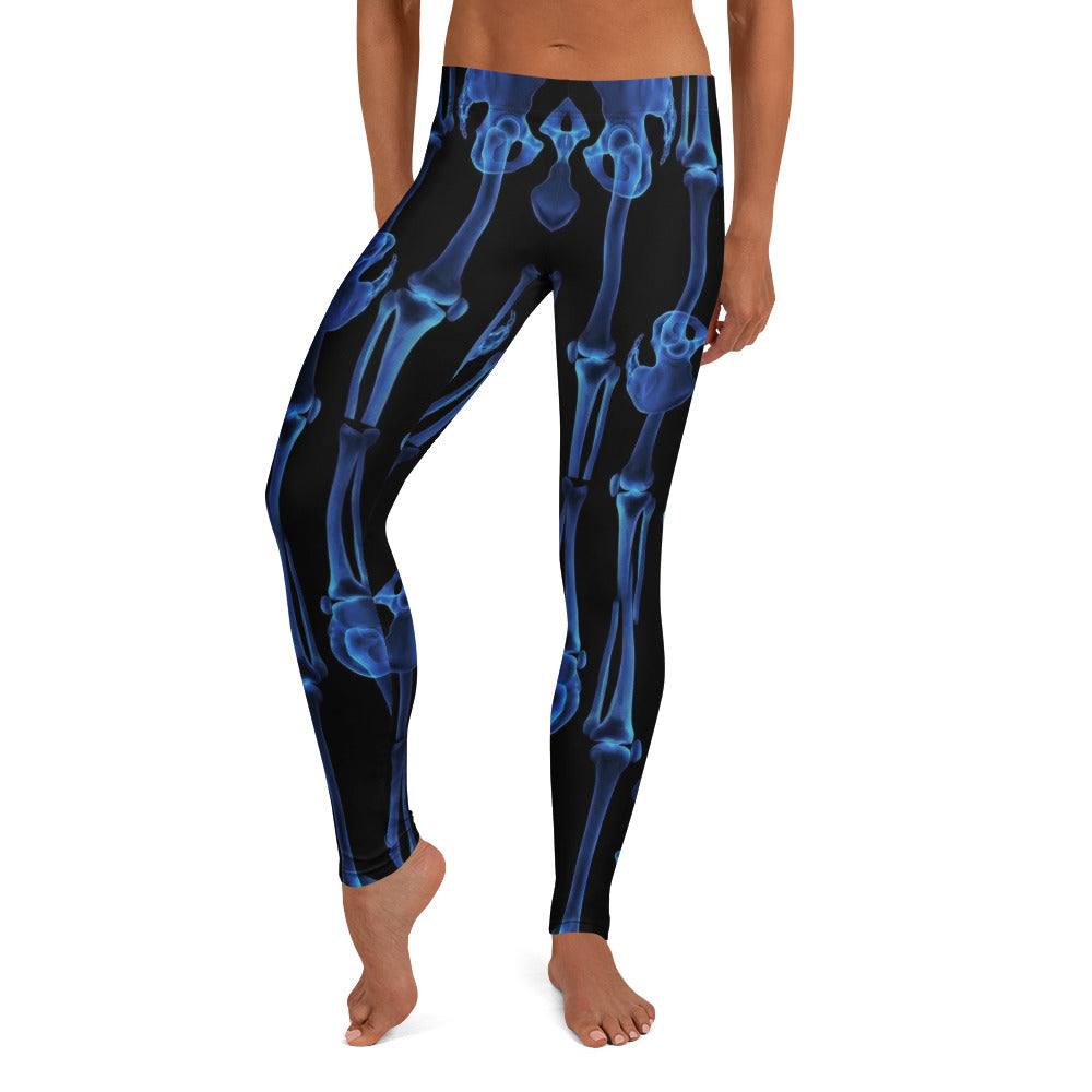 Personalisierte Damen Sportleggings Skelett Design Blau Schwarz Fitness Yoga Hose Knochen Print E006
