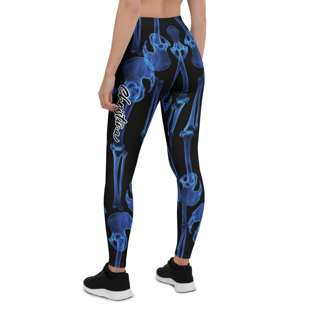 Personalisierte Damen Sportleggings Skelett Design Blau Schwarz Fitness Yoga Hose Knochen Print E006