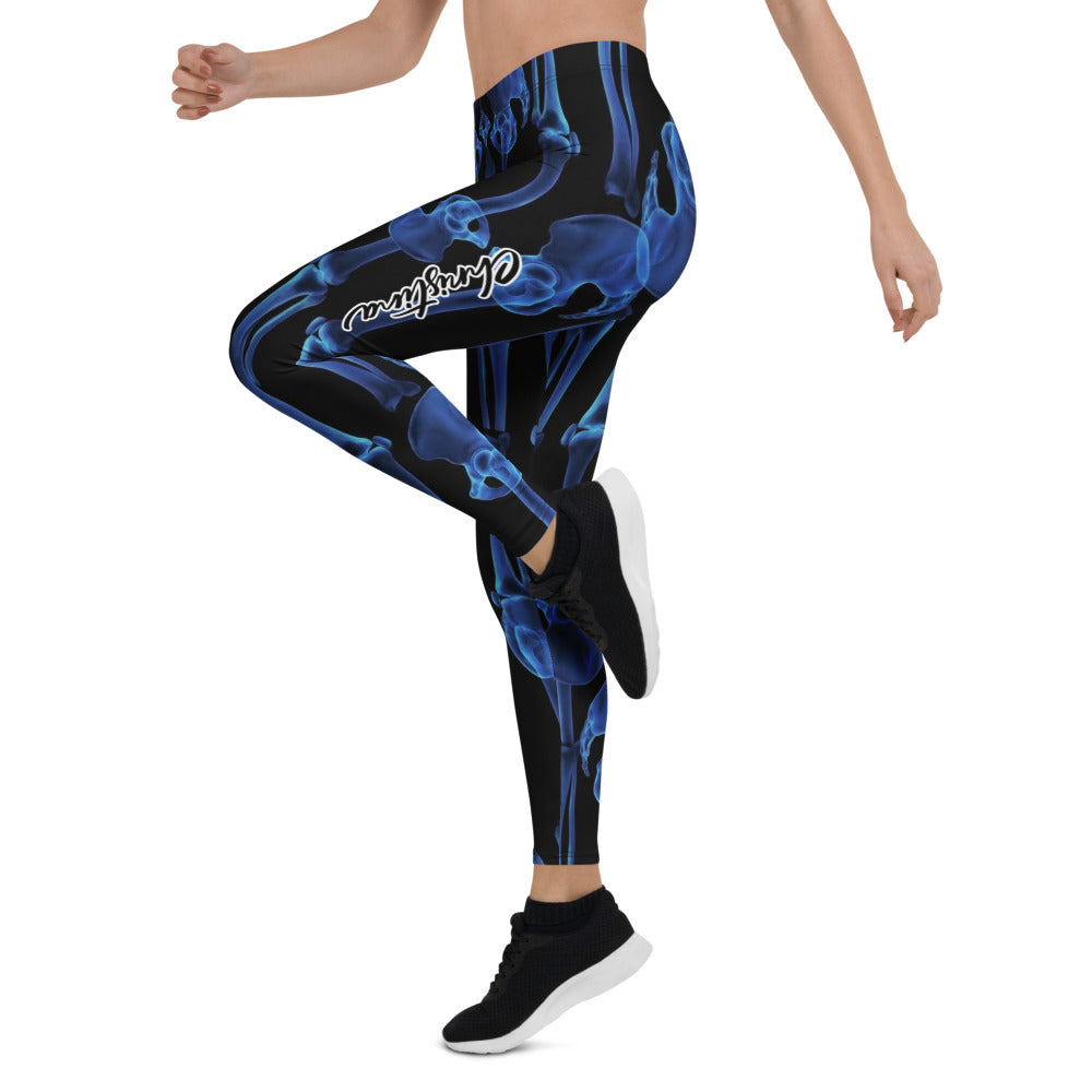 Personalisierte Damen Sportleggings Skelett Design Blau Schwarz Fitness Yoga Hose Knochen Print E006