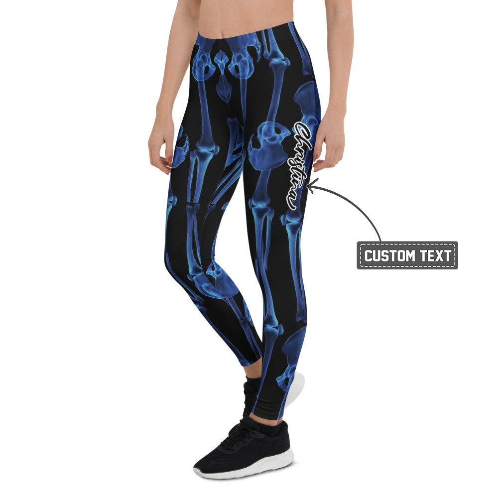 Personalisierte Damen Sportleggings Skelett Design Blau Schwarz Fitness Yoga Hose Knochen Print E006 - XL