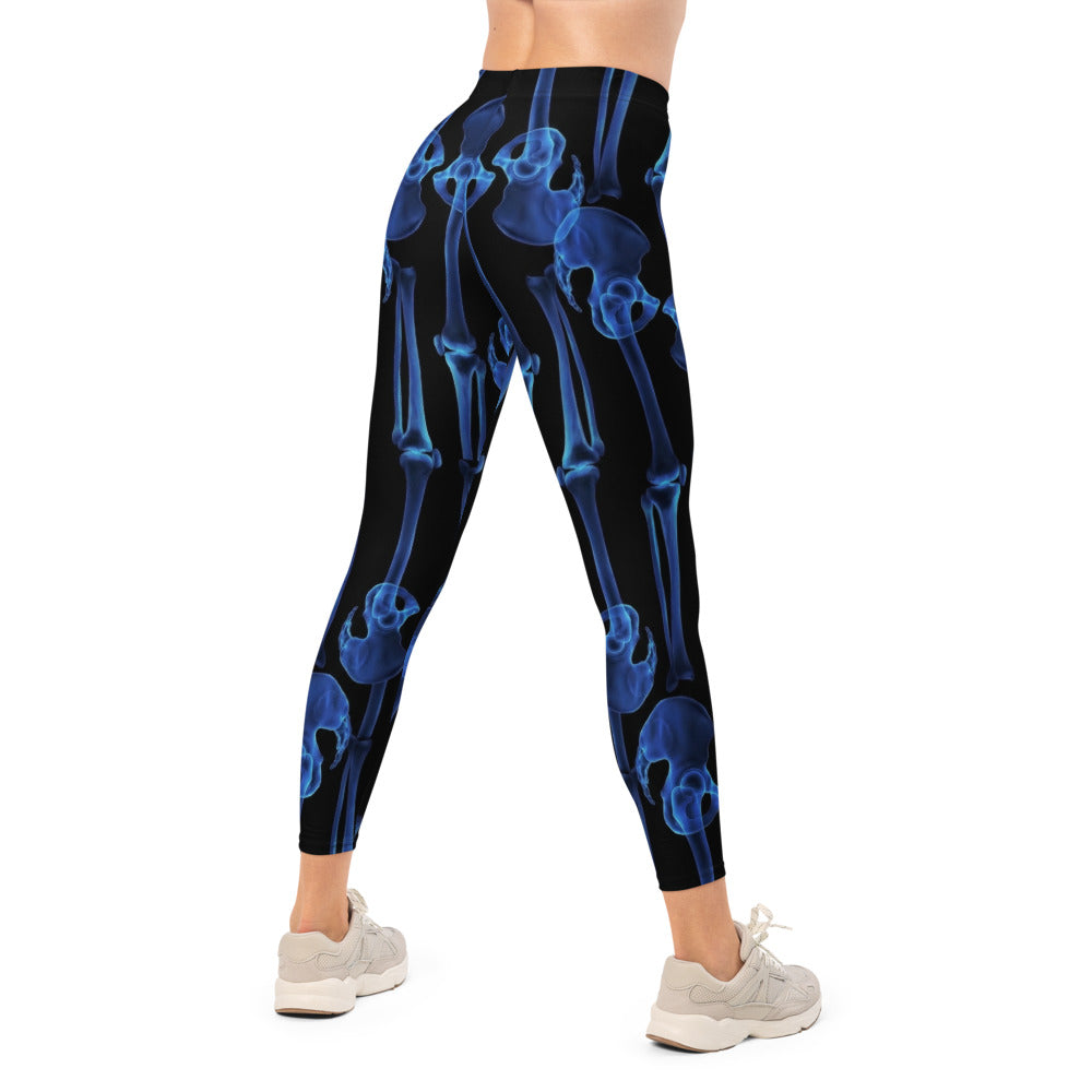 Personalisierte Damen Sportleggings Skelett Design Blau Schwarz Fitness Yoga Hose Knochen Print E006