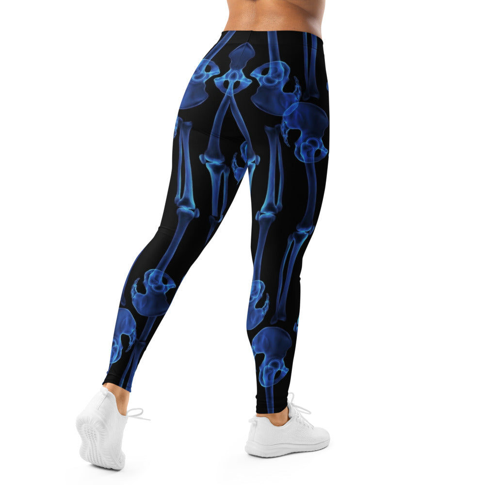 Personalisierte Damen Sportleggings Skelett Design Blau Schwarz Fitness Yoga Hose Knochen Print E006