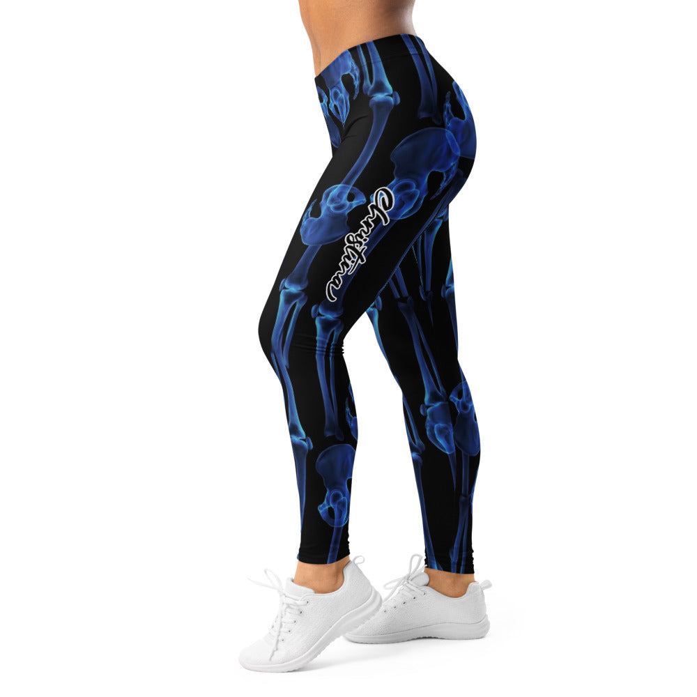 Personalisierte Damen Sportleggings Skelett Design Blau Schwarz Fitness Yoga Hose Knochen Print E006