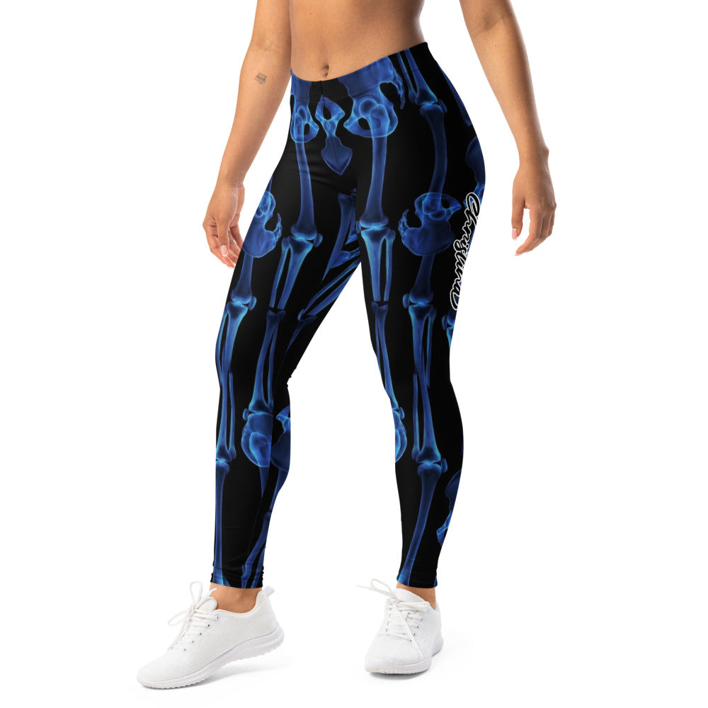 Personalisierte Damen Sportleggings Skelett Design Blau Schwarz Fitness Yoga Hose Knochen Print E006