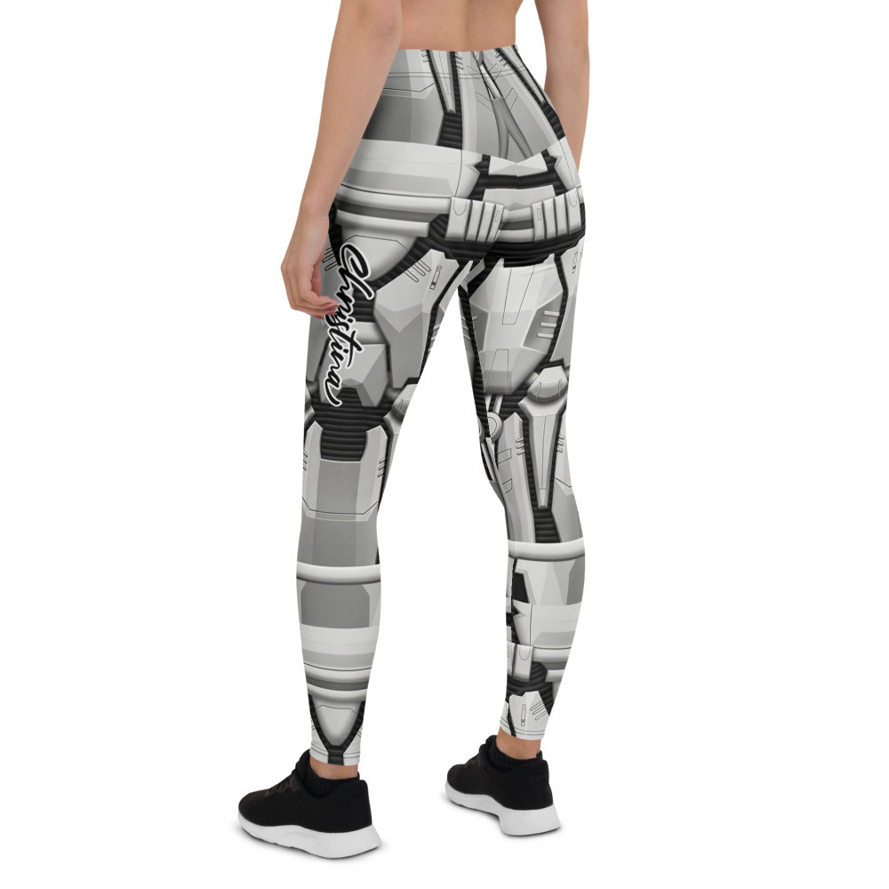 Personalisierte Damen Sportleggings Rüstung Design Sci-Fi Optik Weiß Grau Fitness Leggings P496
