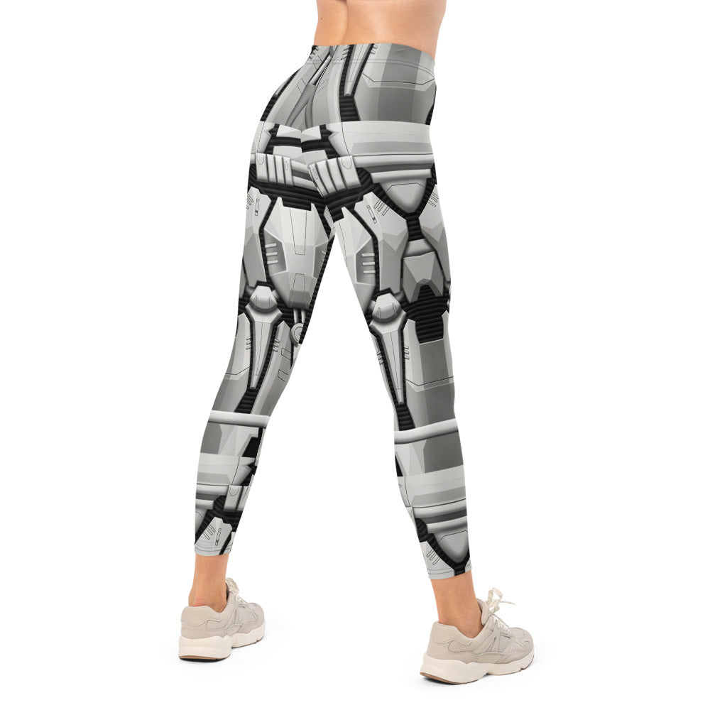 Personalisierte Damen Sportleggings Rüstung Design Sci-Fi Optik Weiß Grau Fitness Leggings P496
