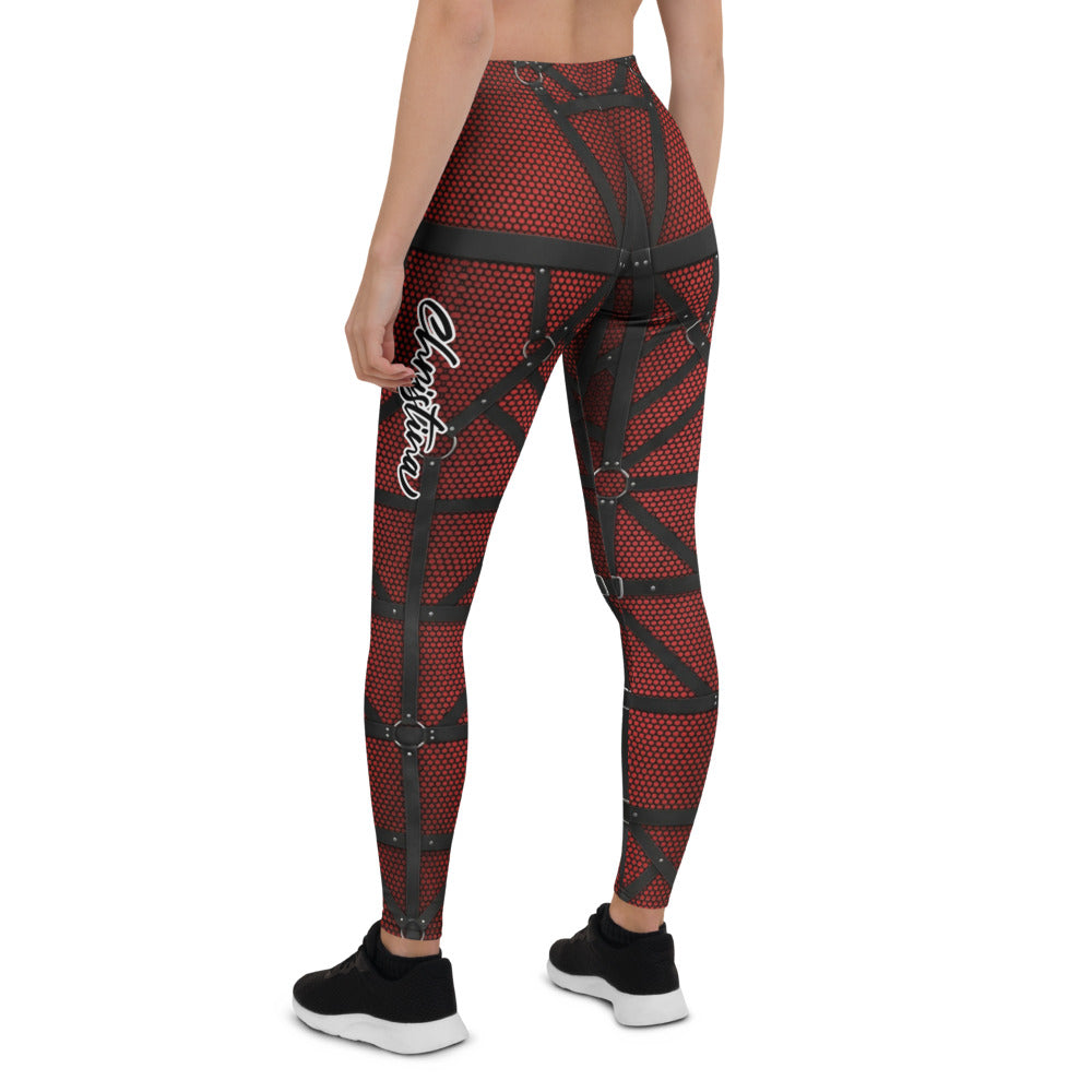 Personalisierte Damen Sportleggings Schwarz Rot Harness Optik Schnallen Print Fitness Leggings W086