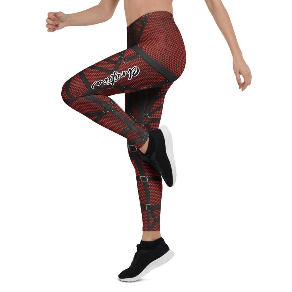 Personalisierte Damen Sportleggings Schwarz Rot Harness Optik Schnallen Print Fitness Leggings W086