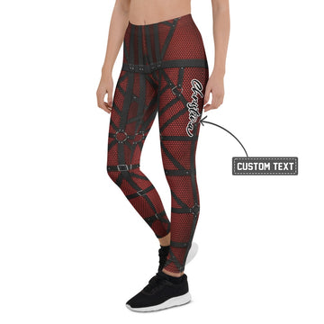 Personalisierte Damen Sportleggings Schwarz Rot Harness Optik Schnallen Print Fitness Leggings W086 - XL