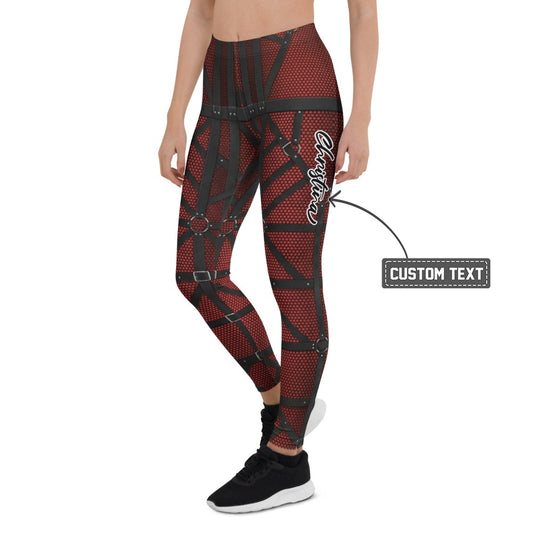 Personalisierte Damen Sportleggings Schwarz Rot Harness Optik Schnallen Print Fitness Leggings W086 - XL
