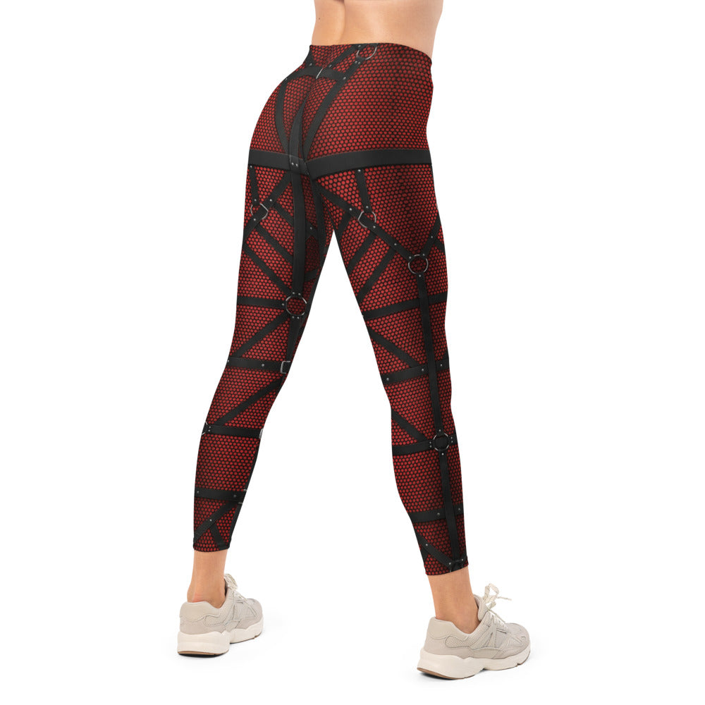 Personalisierte Damen Sportleggings Schwarz Rot Harness Optik Schnallen Print Fitness Leggings W086