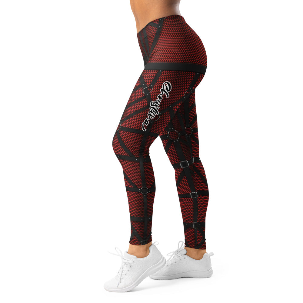 Personalisierte Damen Sportleggings Schwarz Rot Harness Optik Schnallen Print Fitness Leggings W086