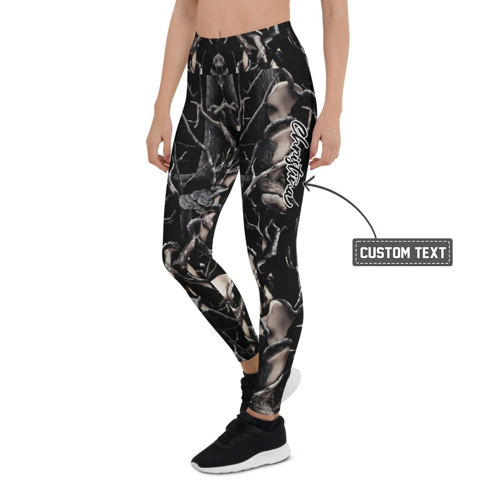 Personalisierte Damen Sportleggings Wald & Äste Design Schwarz Natur-Optik Fitness Leggings K910 - XL