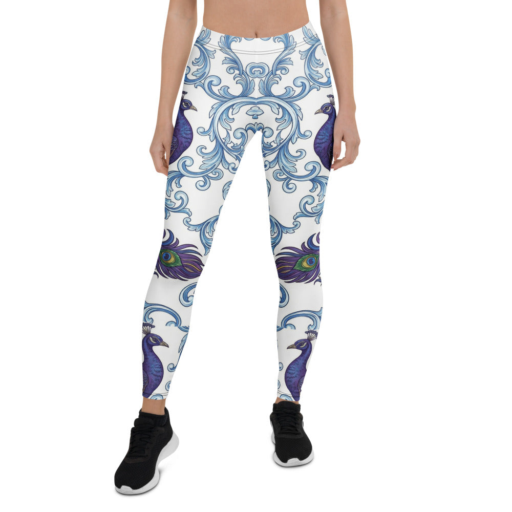 Personalisierte Damen Sportleggings Pfau Design Barock Muster Weiß Blau Fitness Yoga Leggings Z303