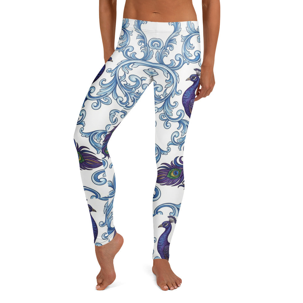 Personalisierte Damen Sportleggings Pfau Design Barock Muster Weiß Blau Fitness Yoga Leggings Z303