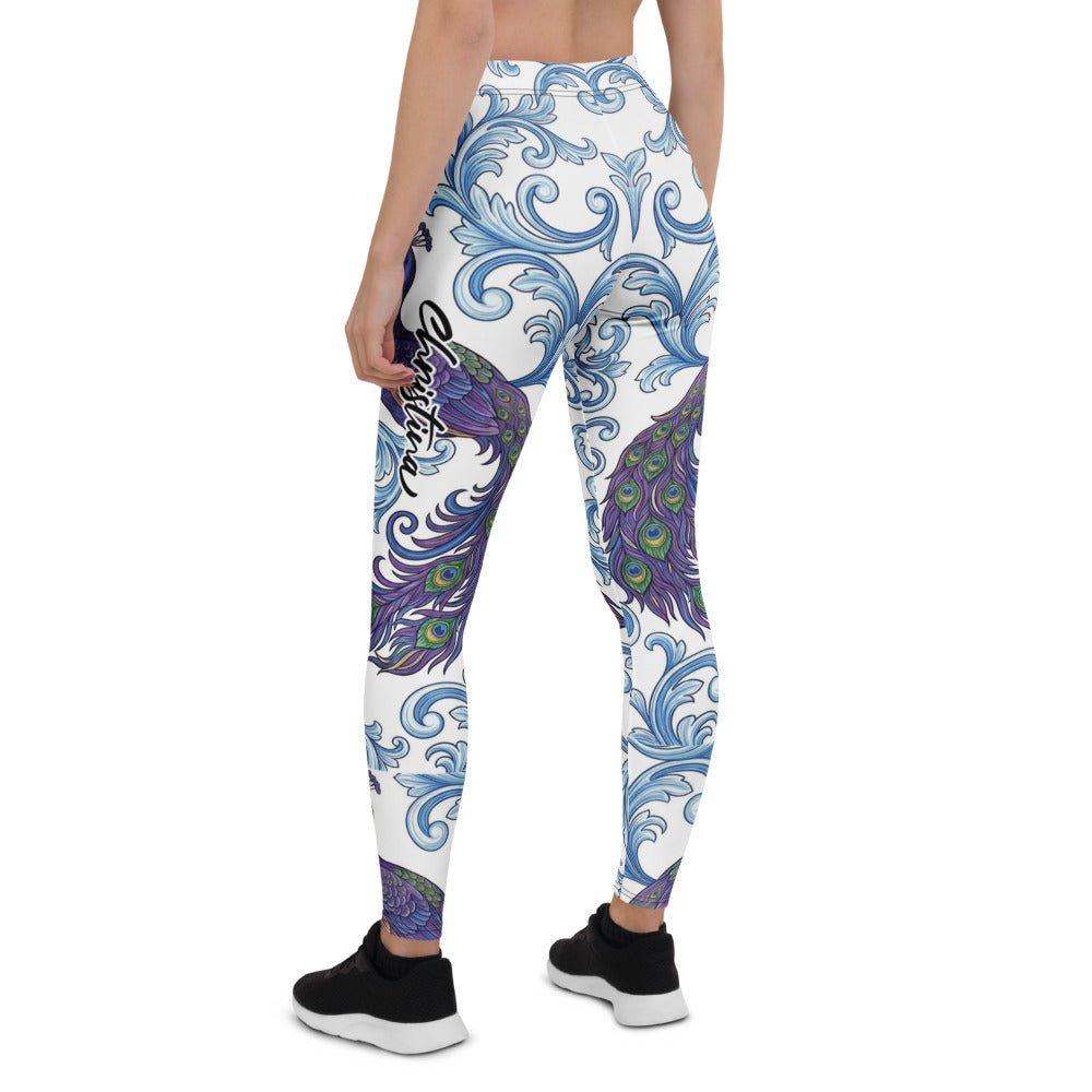 Personalisierte Damen Sportleggings Pfau Design Barock Muster Weiß Blau Fitness Yoga Leggings Z303