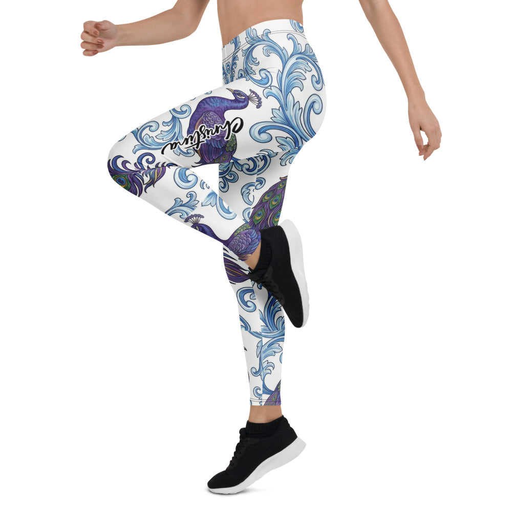 Personalisierte Damen Sportleggings Pfau Design Barock Muster Weiß Blau Fitness Yoga Leggings Z303