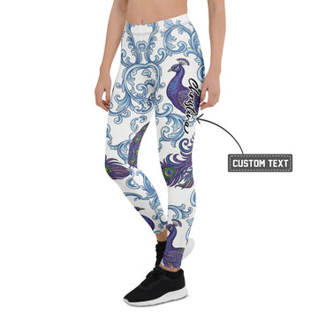 Personalisierte Damen Sportleggings Pfau Design Barock Muster Weiß Blau Fitness Yoga Leggings Z303 - XL