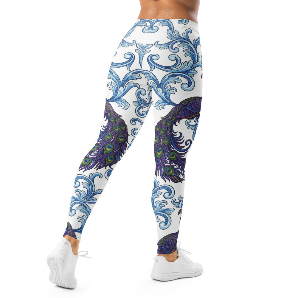 Personalisierte Damen Sportleggings Pfau Design Barock Muster Weiß Blau Fitness Yoga Leggings Z303