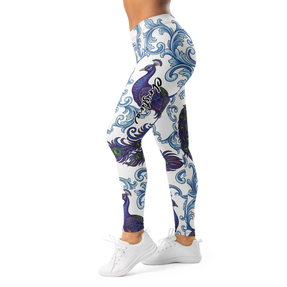 Personalisierte Damen Sportleggings Pfau Design Barock Muster Weiß Blau Fitness Yoga Leggings Z303