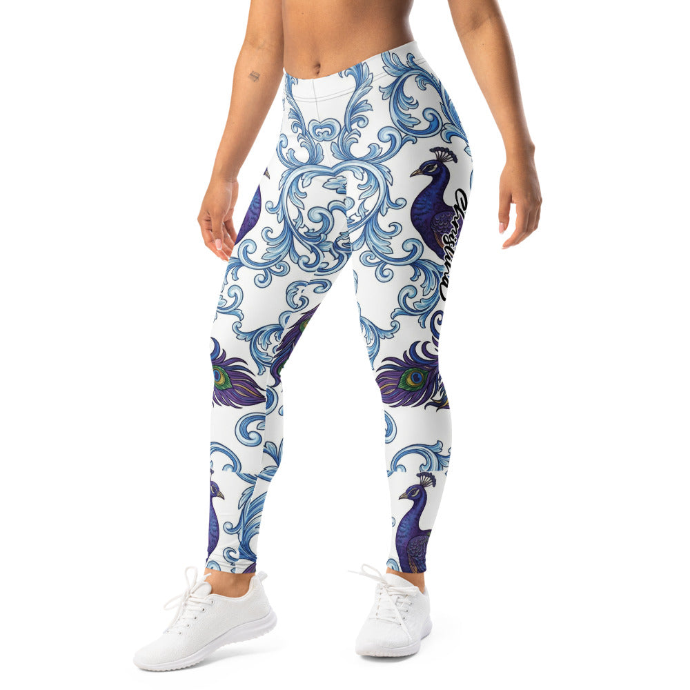 Personalisierte Damen Sportleggings Pfau Design Barock Muster Weiß Blau Fitness Yoga Leggings Z303