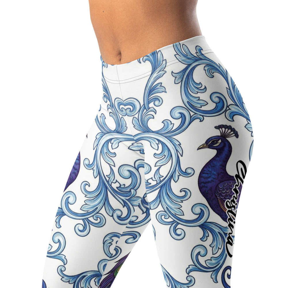 Personalisierte Damen Sportleggings Pfau Design Barock Muster Weiß Blau Fitness Yoga Leggings Z303