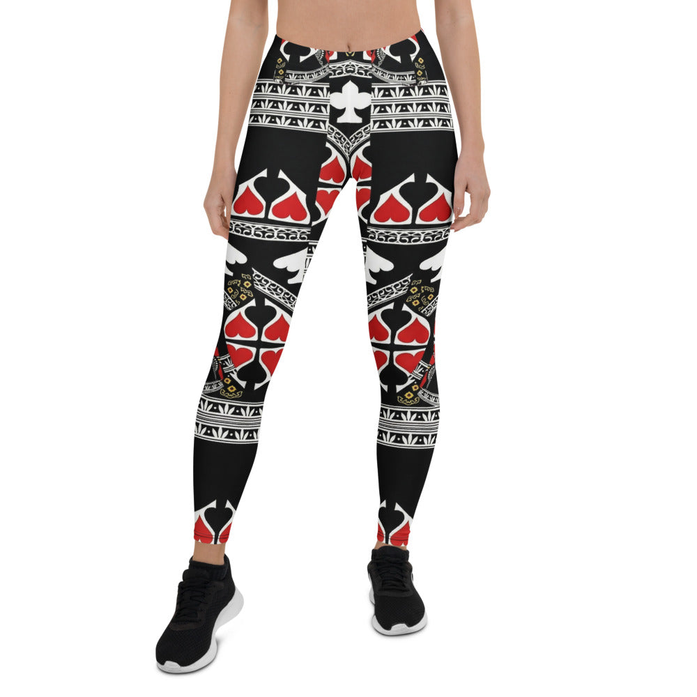 Personalisierte Damen Sportleggings Spielkarten Muster Schwarz Rot Weiß Fitness Yoga Leggings J100