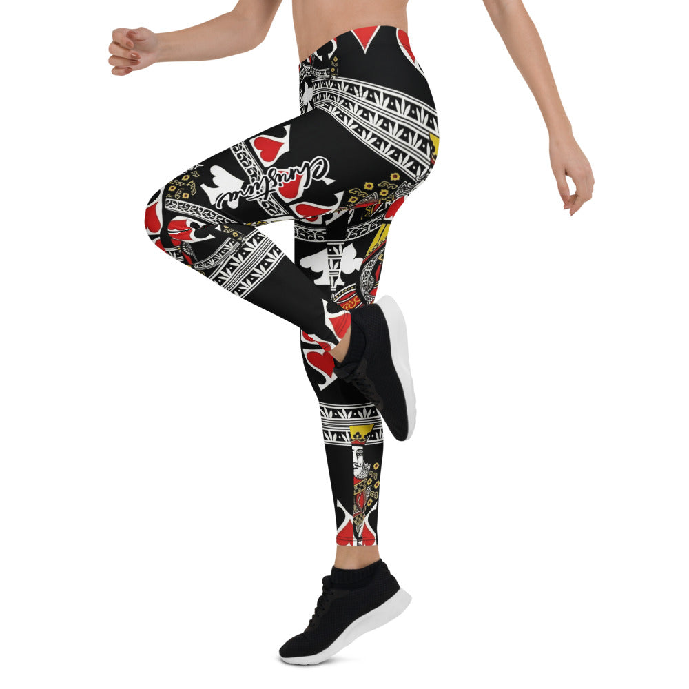 Personalisierte Damen Sportleggings Spielkarten Muster Schwarz Rot Weiß Fitness Yoga Leggings J100