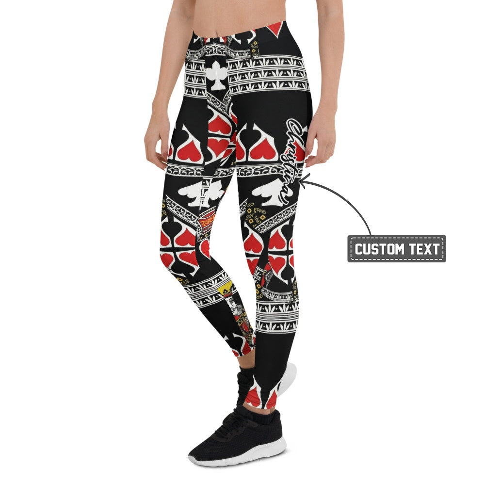 Personalisierte Damen Sportleggings Spielkarten Muster Schwarz Rot Weiß Fitness Yoga Leggings J100 - XL