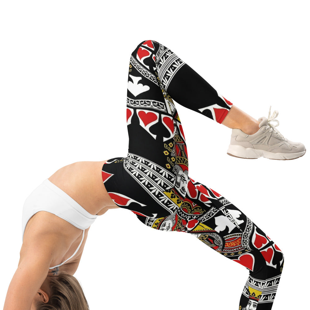 Personalisierte Damen Sportleggings Spielkarten Muster Schwarz Rot Weiß Fitness Yoga Leggings J100