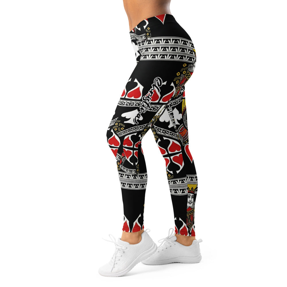 Personalisierte Damen Sportleggings Spielkarten Muster Schwarz Rot Weiß Fitness Yoga Leggings J100