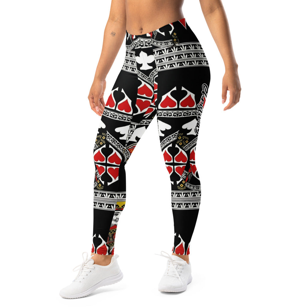 Personalisierte Damen Sportleggings Spielkarten Muster Schwarz Rot Weiß Fitness Yoga Leggings J100