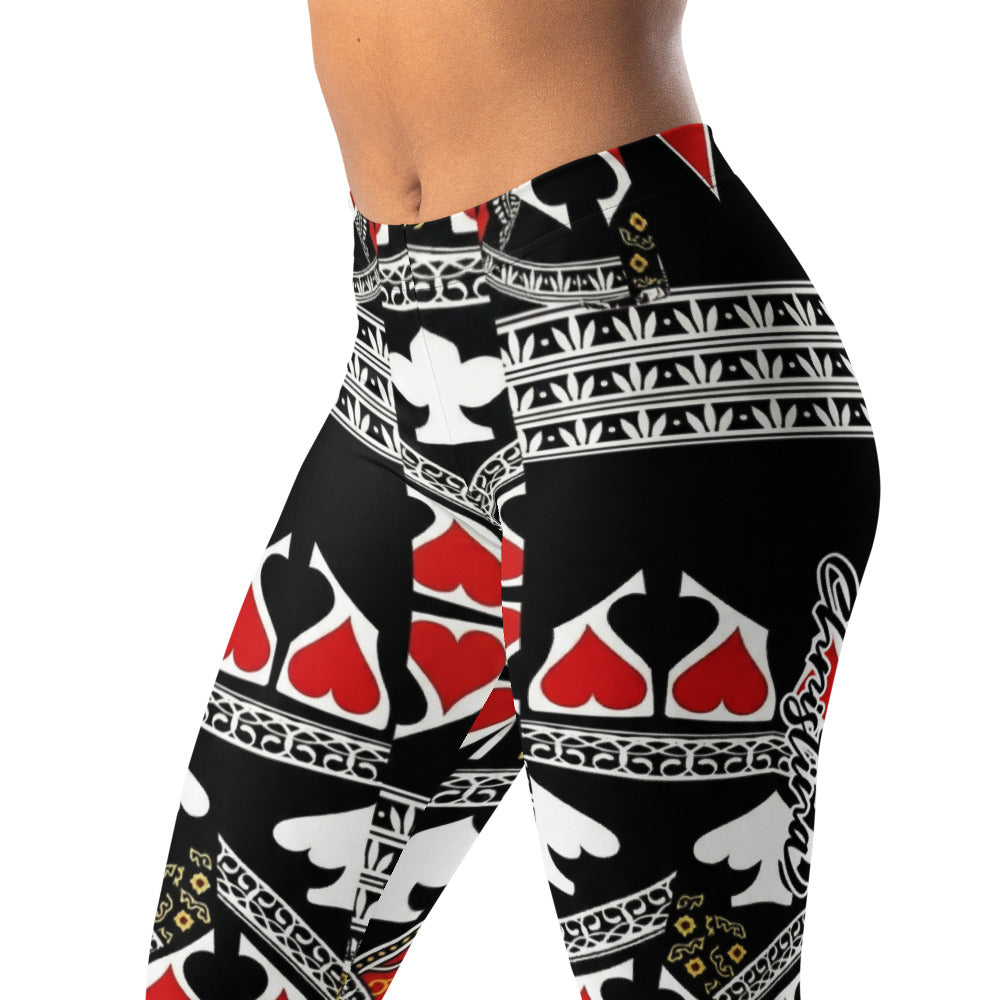 Personalisierte Damen Sportleggings Spielkarten Muster Schwarz Rot Weiß Fitness Yoga Leggings J100