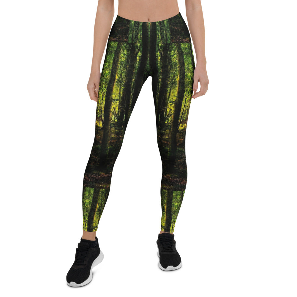 Personalisierte Sportleggings Damen Wald Print Natur Design Dunkelgrün Fitness Leggings Yoga Hose S838