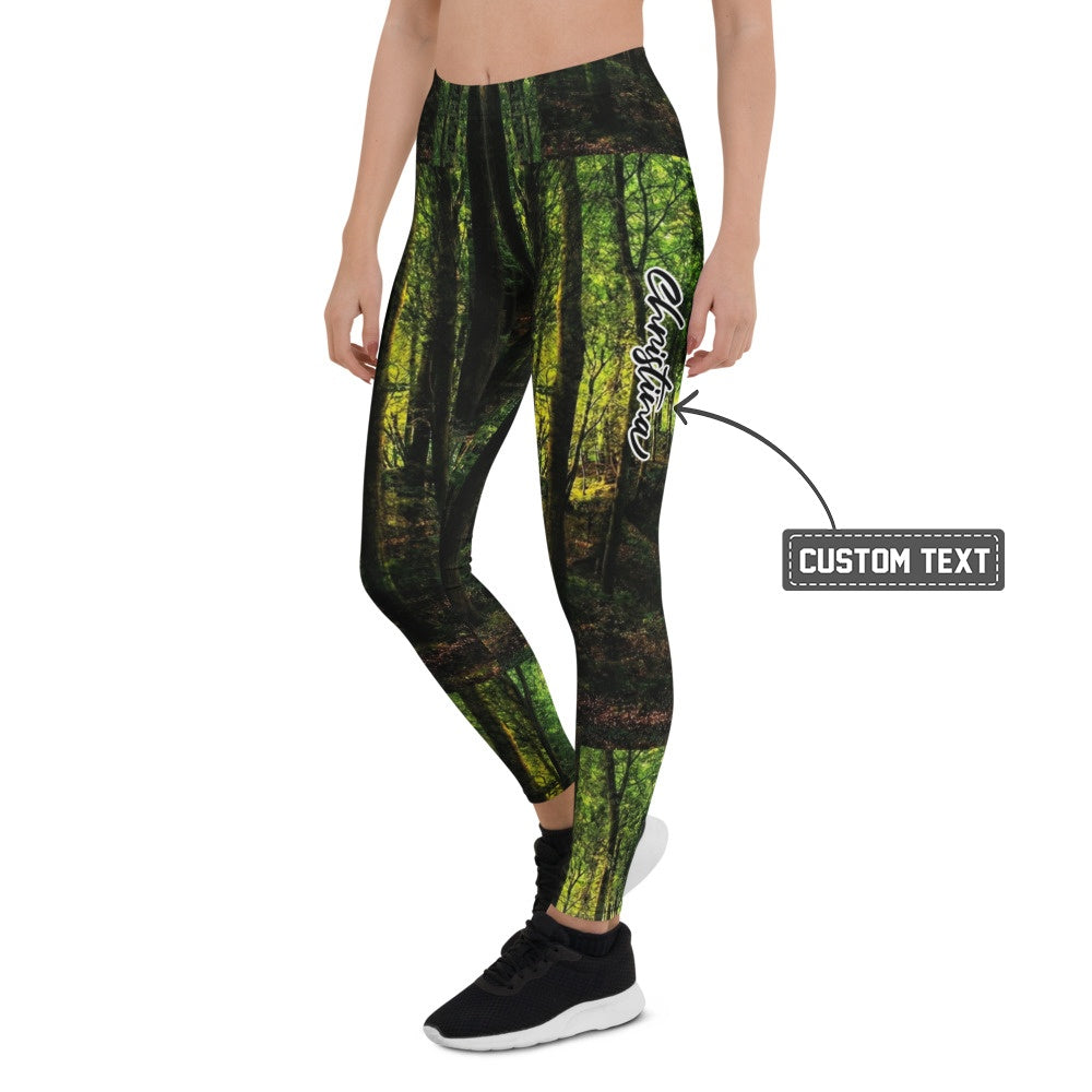 Personalisierte Sportleggings Damen Wald Print Natur Design Dunkelgrün Fitness Leggings Yoga Hose S838 - XL