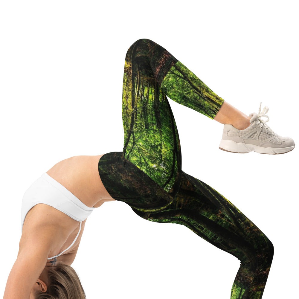 Personalisierte Sportleggings Damen Wald Print Natur Design Dunkelgrün Fitness Leggings Yoga Hose S838