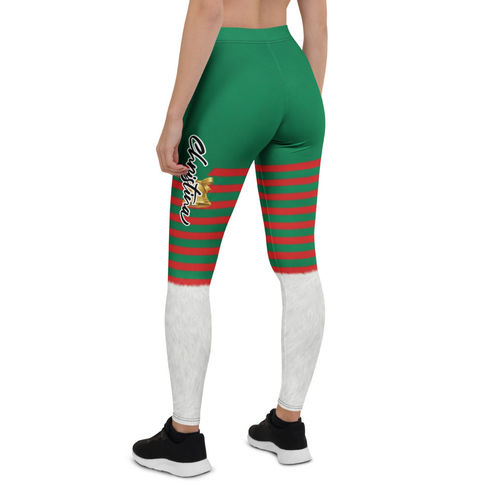 Personalisierte Damen Leggings Weihnachten Elf Design Grün Rot Gestreift Sportleggings Fitnesshose P342