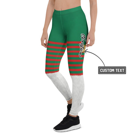 Personalisierte Damen Leggings Weihnachten Elf Design Grün Rot Gestreift Sportleggings Fitnesshose P342 - XL