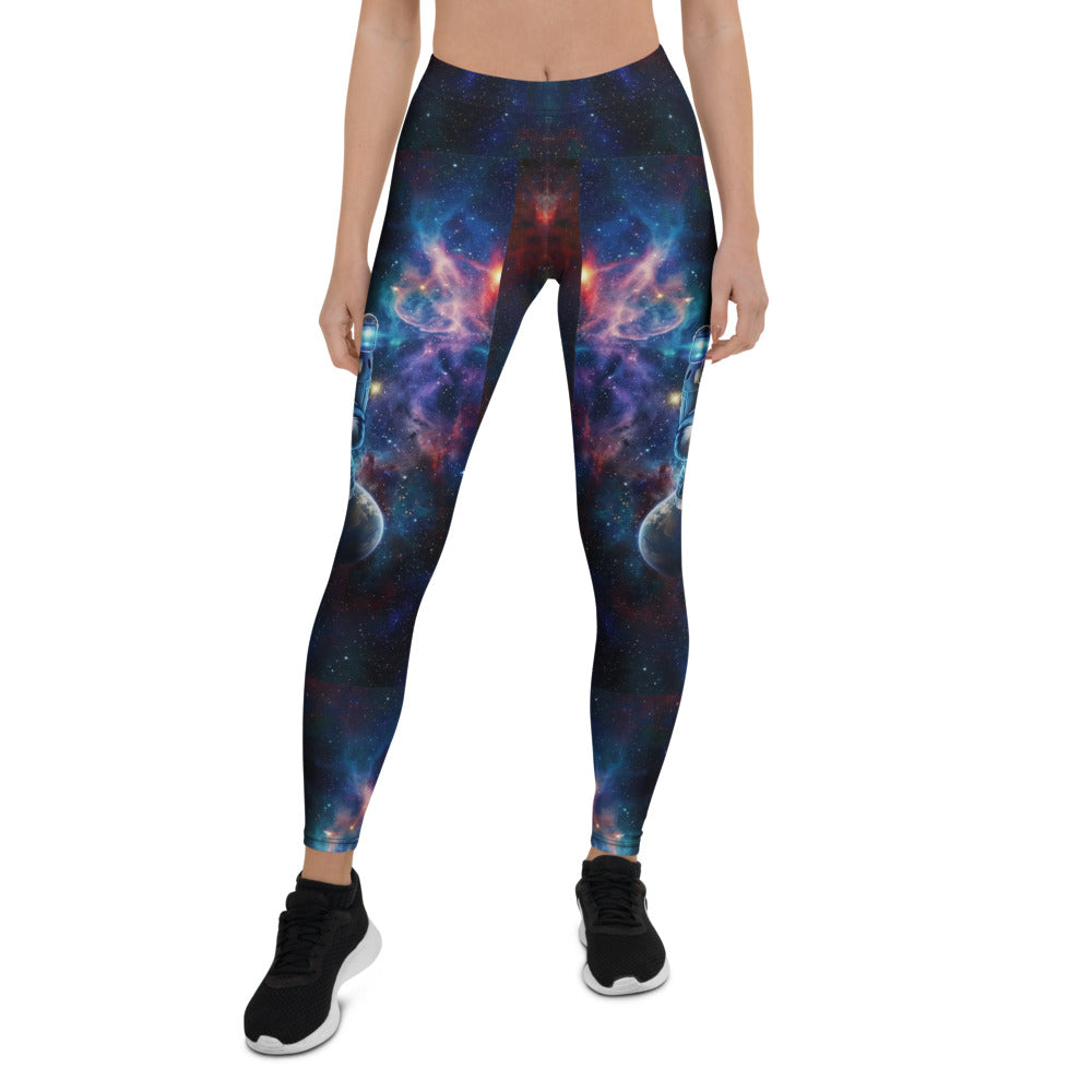 Personalisierte Sportleggings Damen Galaxy Design Weltraum Astronaut Muster Blau Lila Fitness Leggings Y553