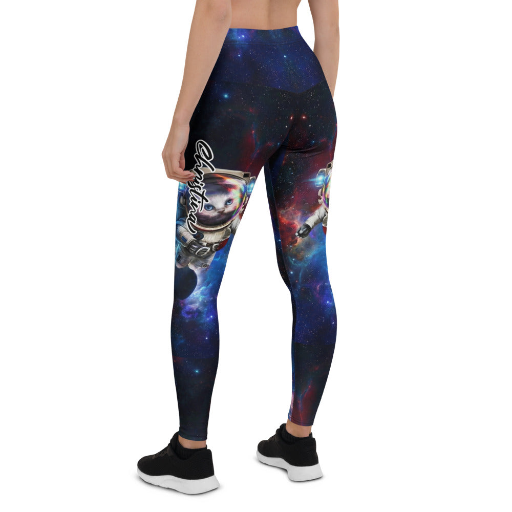 Personalisierte Sportleggings Damen Galaxy Design Weltraum Astronaut Muster Blau Lila Fitness Leggings Y553