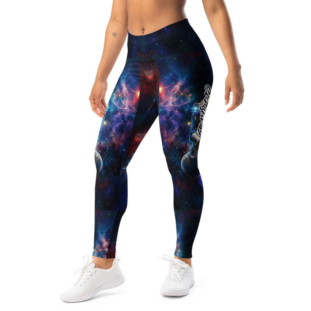 Personalisierte Sportleggings Damen Galaxy Design Weltraum Astronaut Muster Blau Lila Fitness Leggings Y553