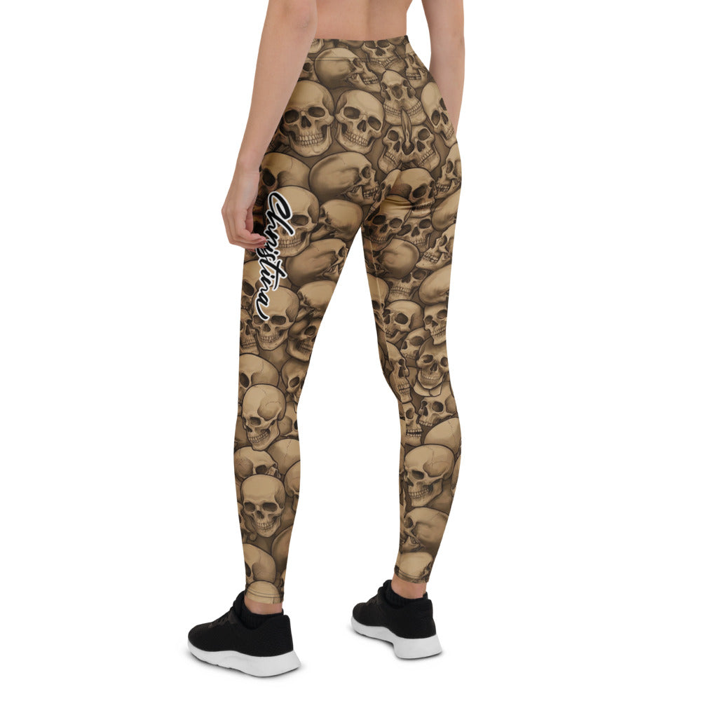 Personalisierte Sportleggings Damen Totenkopf Print Braun Beige Fitness Leggings Skull Design J375