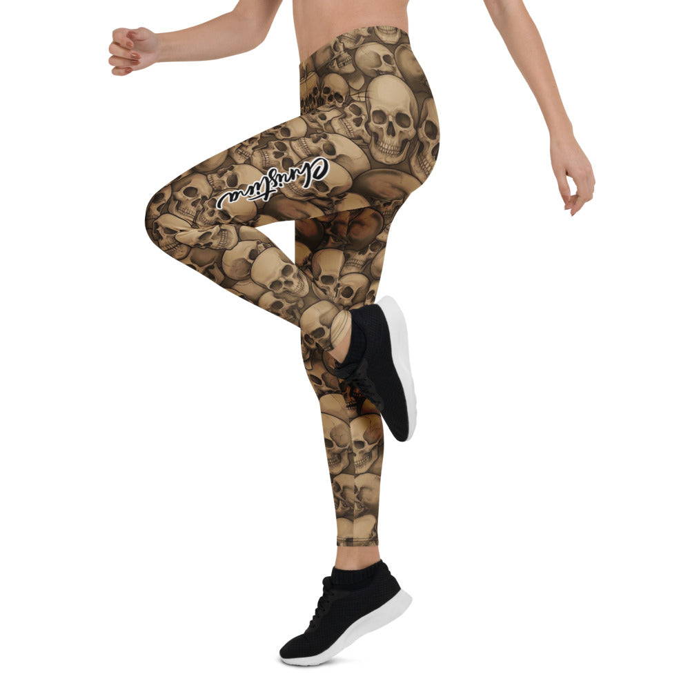 Personalisierte Sportleggings Damen Totenkopf Print Braun Beige Fitness Leggings Skull Design J375