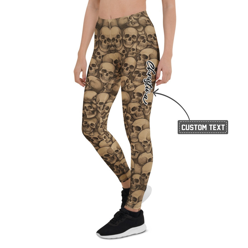 Personalisierte Sportleggings Damen Totenkopf Print Braun Beige Fitness Leggings Skull Design J375 - XL