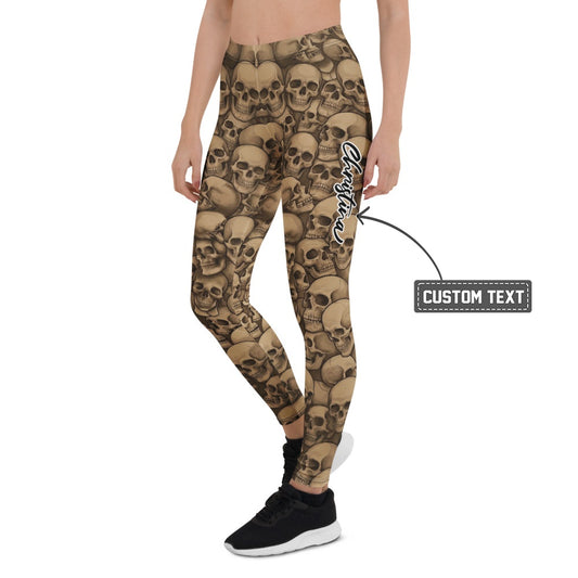 Personalisierte Sportleggings Damen Totenkopf Print Braun Beige Fitness Leggings Skull Design J375 - XL